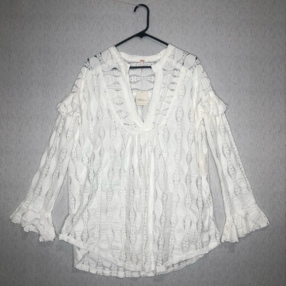 NWT Free People Candy Shop Tunic Womens M Ivory V-Neck Semi Sheer Ruffle Slouchy - Picture 2 of 15